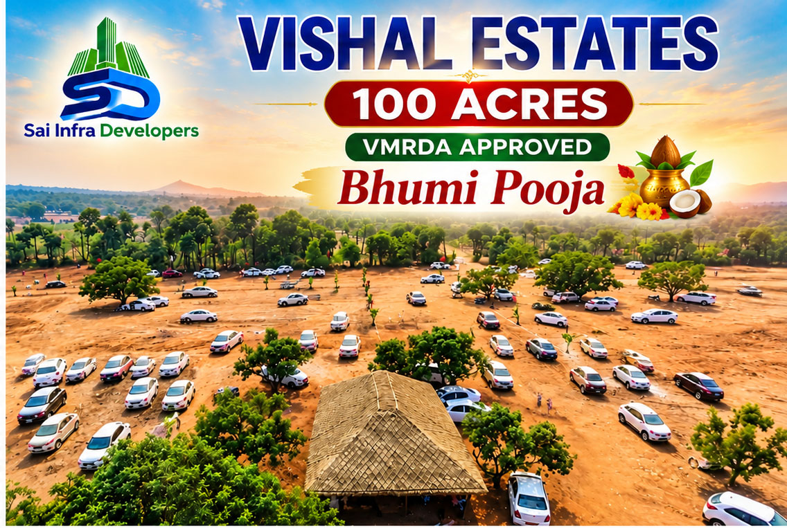 Vishal Estates 100-acre VMRDA-approved project Bhumi Pooja ceremony with investors, Directors, MD, ED, marketing team and guests.